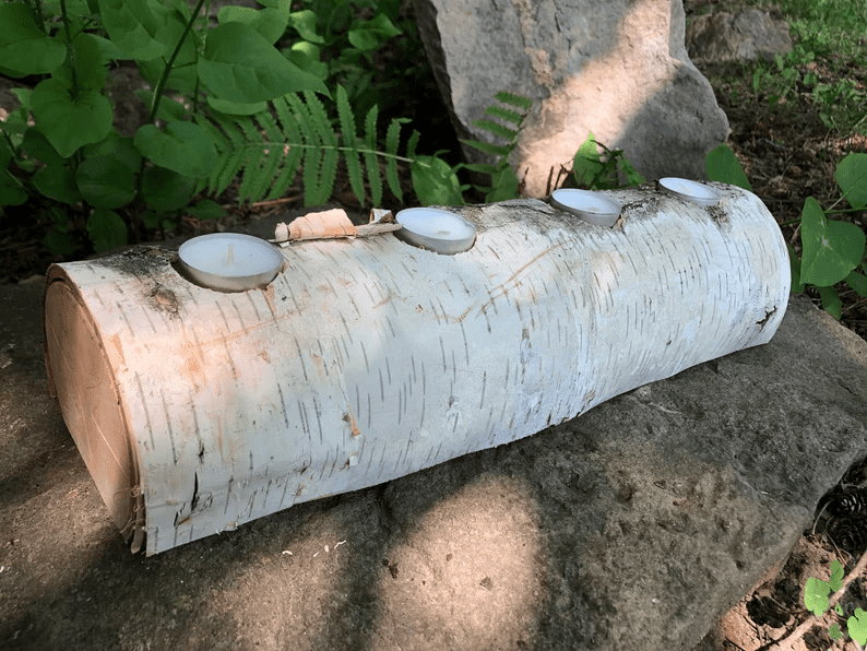 Yule Log Tea Light Candle Holder: White Birch