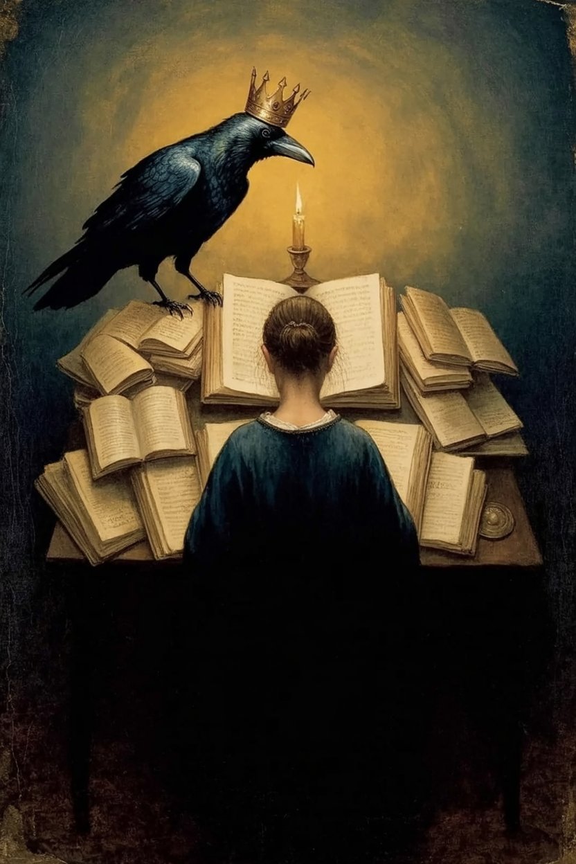 Figure studying at desk with crowned raven perched above demonstrates Stolas teaching through active study