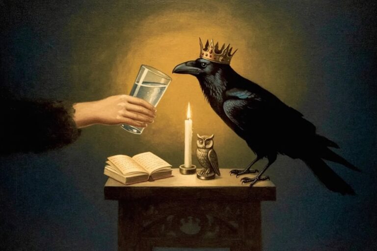Hand offering water to crowned raven across altar shows respectful exchange in Stolas relationship
