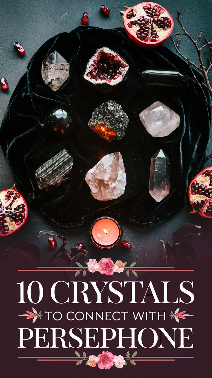 A dramatic arrangement of crystals such as garnet, smoky quartz, and amethyst placed on a rich black velvet cloth. The scene is accented with halved pomegranates, scattered seeds, and a single glowing candle, symbolizing Persephone’s dual roles as queen of the underworld and goddess of spring. The text, “10 Crystals To Connect With Persephone,” is displayed in elegant white serif font with floral and vine motifs.