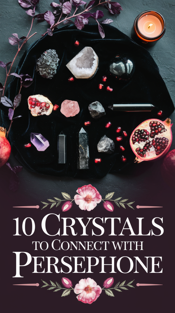 A flat lay of polished crystals, including rose quartz, obsidian, and labradorite, surrounded by deep purple foliage and a glowing orange candle. Halved pomegranates and scattered seeds add pops of red, highlighting Persephone’s connection to transformation. The text, “10 Crystals To Connect With Persephone,” is styled in soft, flowing white text with delicate floral accents.