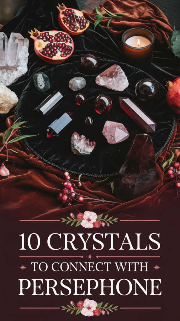 Crystals like garnet, rose quartz, and tourmaline are displayed on a lush black velvet surface alongside pomegranate seeds and a single candle. A rich red velvet backdrop and sprigs of greenery enhance the underworld-inspired aesthetic. The text, “10 Crystals To Connect With Persephone,” is written in bold serif font, accented with floral and vine details.