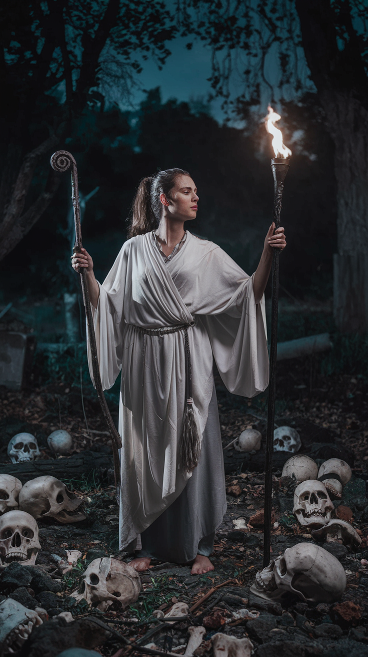 A mystical outdoor scene of a priestess dressed in flowing white robes, holding a staff and a burning torch. The ground is scattered with skulls and bones, and the dark forest setting enhances the eerie, magical atmosphere, evoking Hekate’s role as a goddess of the crossroads.
