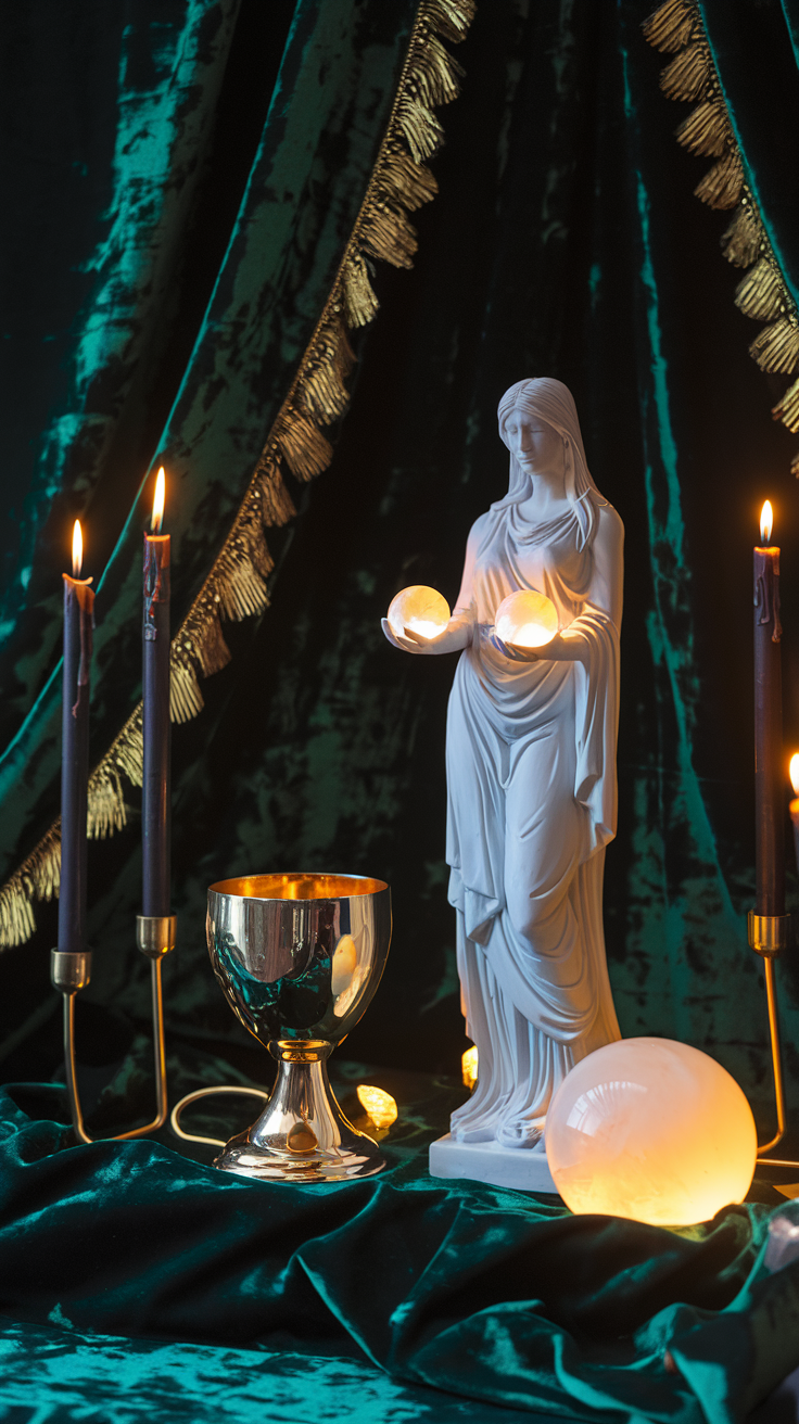 An altar dedicated to Hekate, featuring a white statue holding softly glowing orbs. The setup includes deep green velvet fabric with golden tassels, tall black candles in simple holders, a golden chalice, and a luminous crystal sphere. The lighting is warm and elegant, emphasizing the luxurious yet spiritual atmosphere.