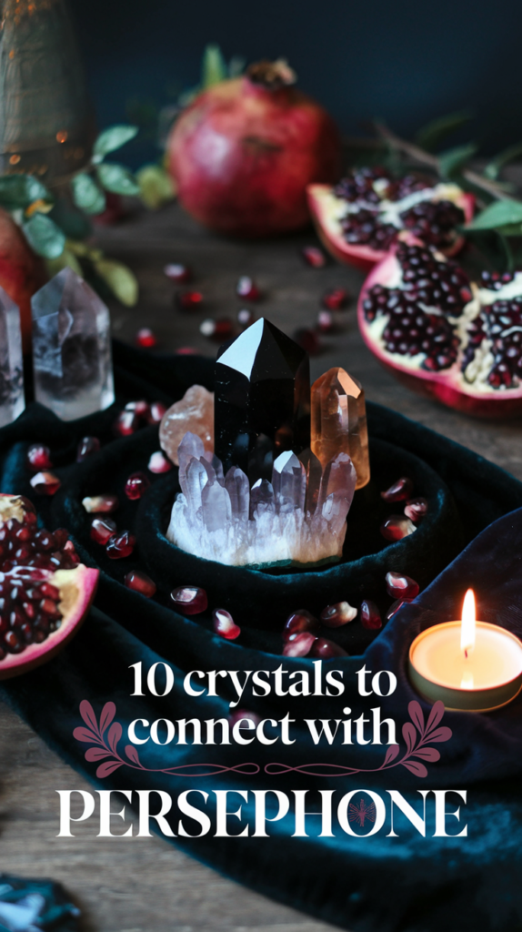 A close-up of a cluster of pointed crystals, including black obsidian and smoky quartz, surrounded by scattered pomegranate seeds. Velvet fabric, halved pomegranates, and a glowing candle complete the atmospheric setup. The text, “10 Crystals To Connect With Persephone,” is styled in whimsical serif font with leafy embellishments, emphasizing the divine theme.