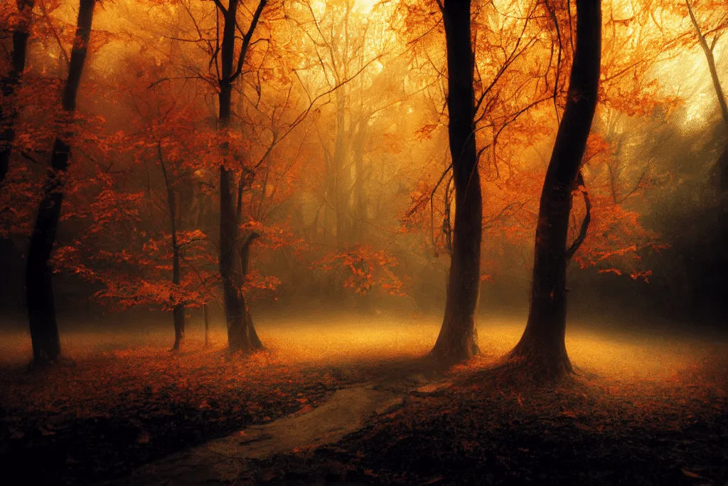 Spooky foggy autumn forest