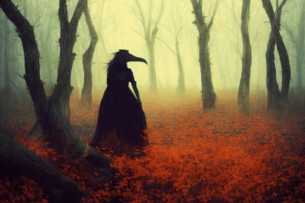 Witch with plague doctor mask in a spooky foggy forest