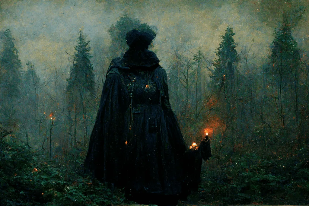 back of woman wearing black cloak and holding a torch in the misty forest of the underworld