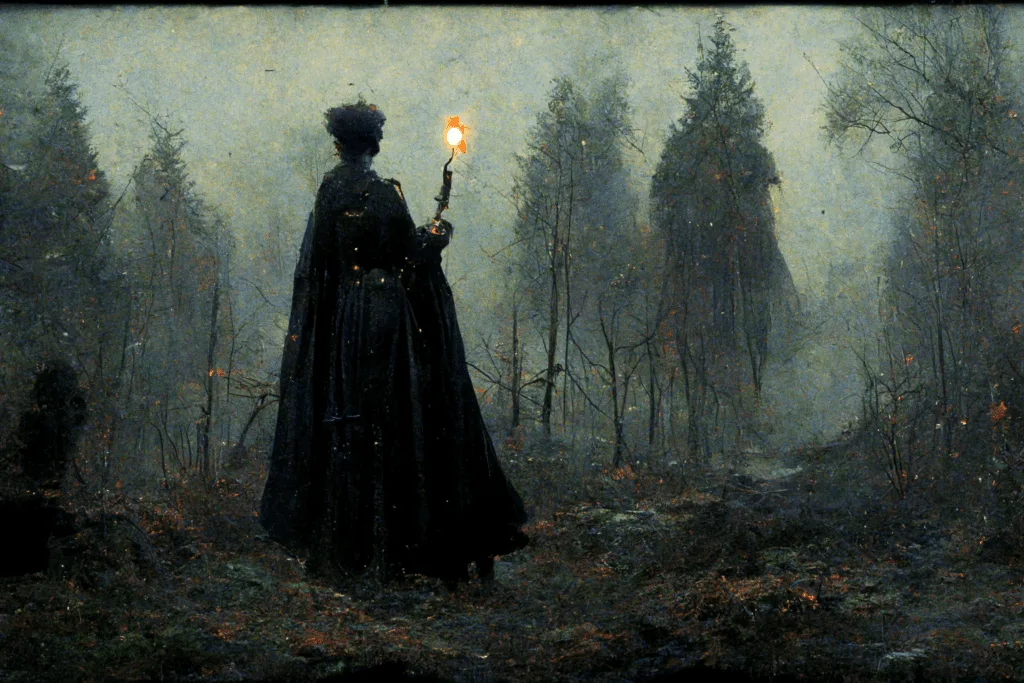 back of woman wearing black cloak and holding a torch in the misty forest of the underworld