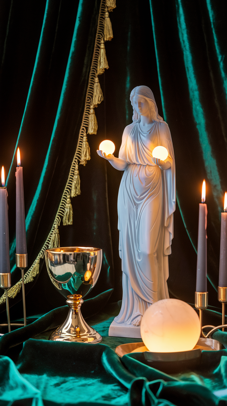 A similar altar to Hekate with subtle variations: glowing orbs in the statue’s hands, surrounded by tall black candles, a reflective golden chalice, and a softly glowing crystal sphere. The emerald velvet backdrop with gold trim adds an opulent and ritualistic feel to the scene.