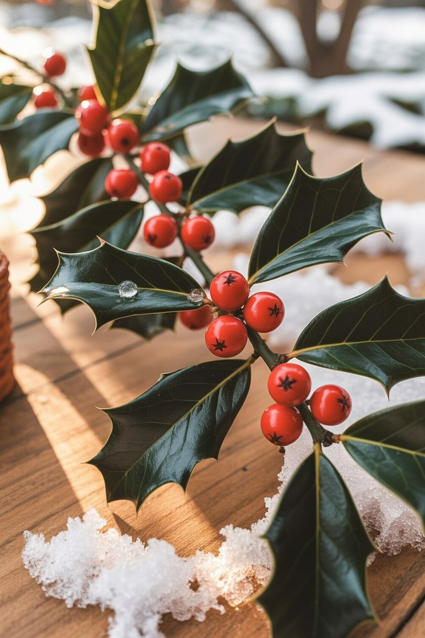 Holly produces bright red berries in winter while other plants go dormant or die back, creating a visual contrast that made the plant an obvious symbol of life persisting through the dark season. The berries feed winter birds and signal survival through observable timing, not abstract meaning.