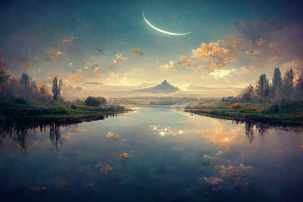 river crescent moon serene painting