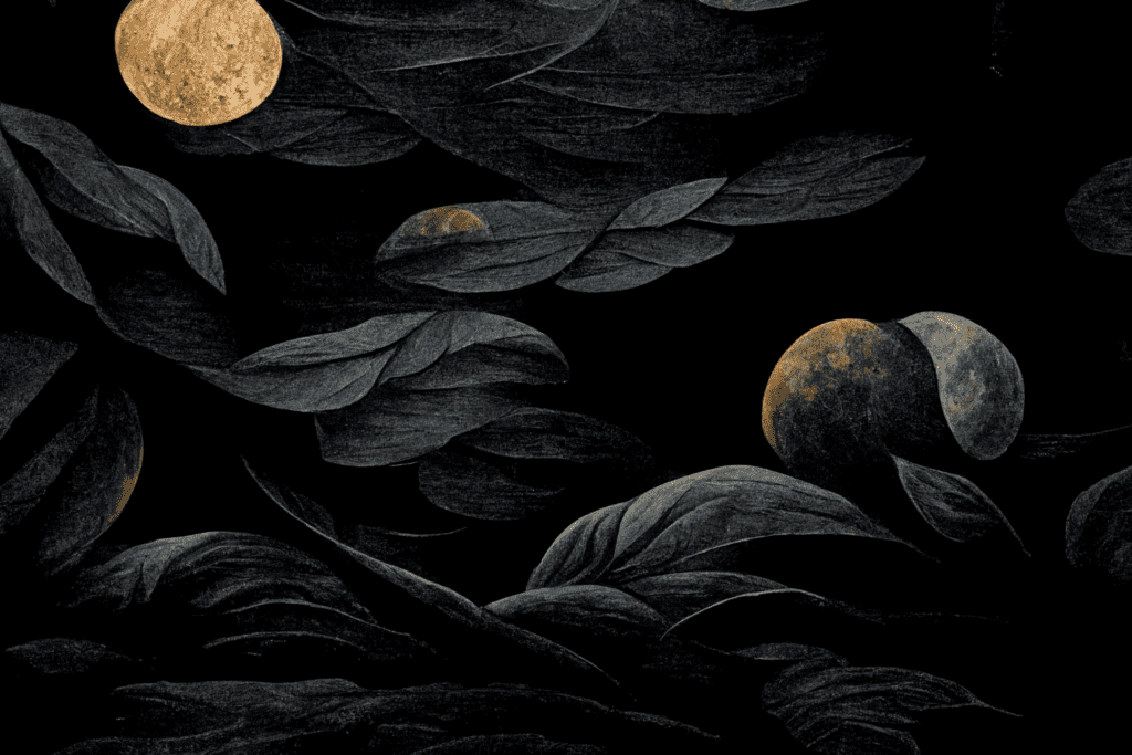 watercolor moon in forest, renaissance painting, black paper background