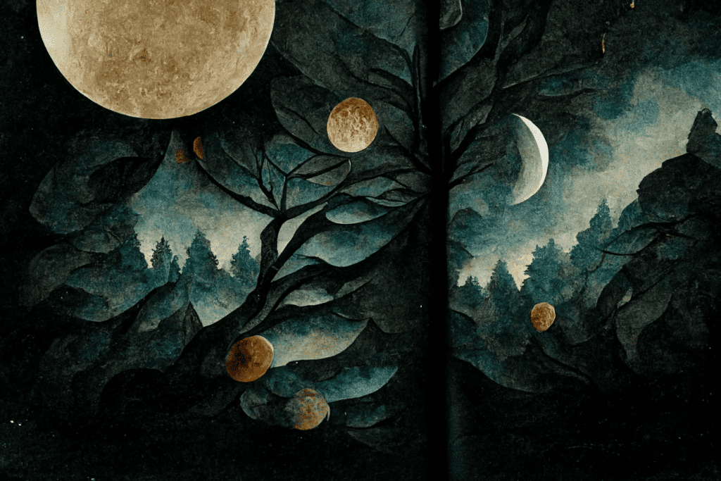 watercolor moon in forest, renaissance painting, black paper background