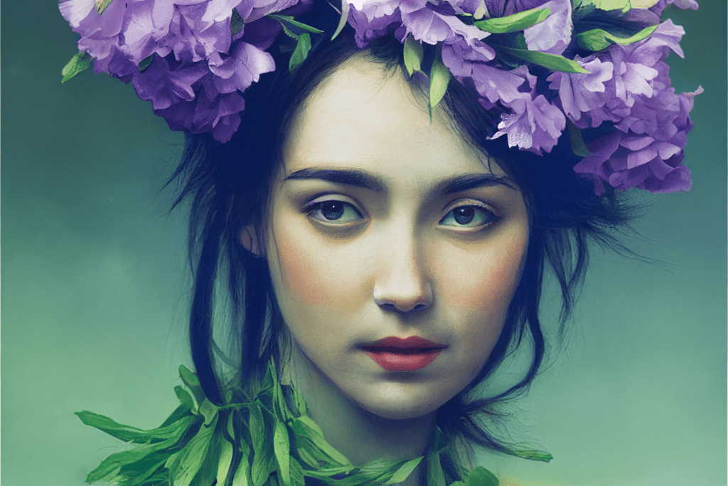 Lucky Girl Syndrome art: painting of a woman with purple flowers and mint in her hair