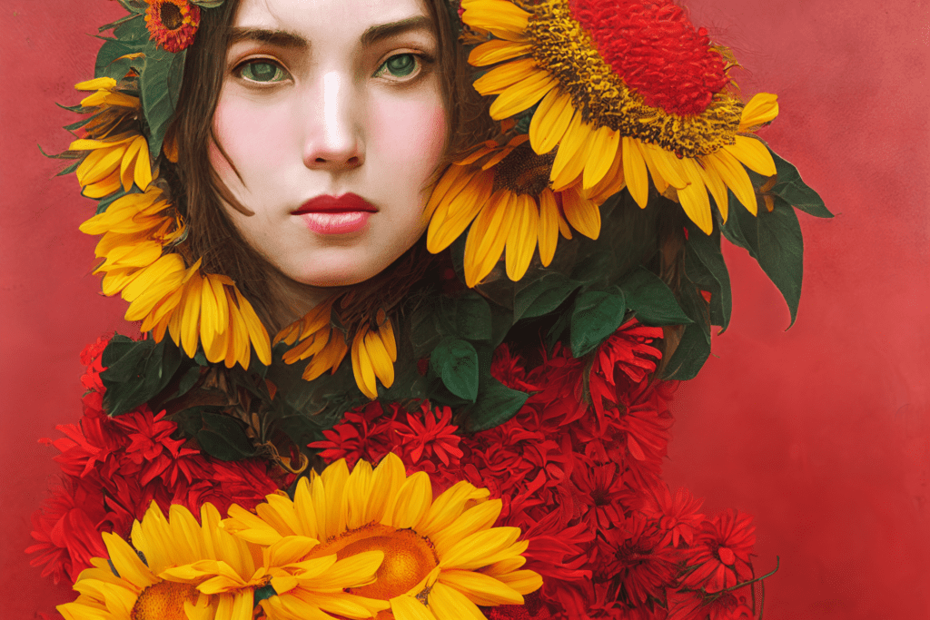 Lucky Girl Syndrome art: A woman surrounded by sunflowers and red flowers against a red background