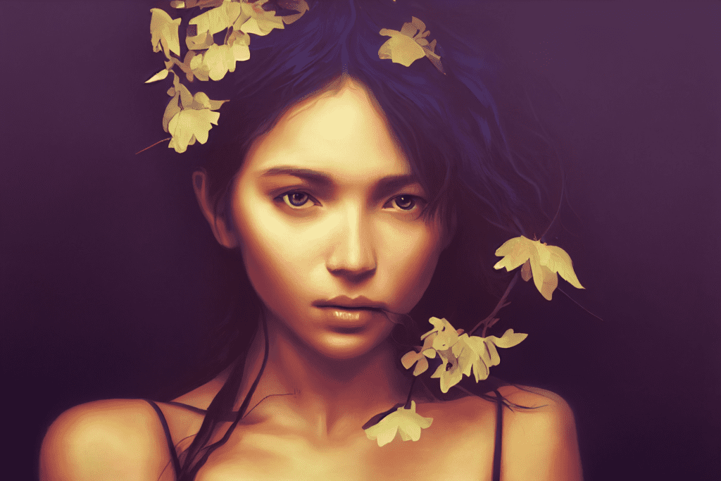 Lucky Girl Syndrome art: a girl looking wistfully at the camera in sepia tone with leaves in her hair