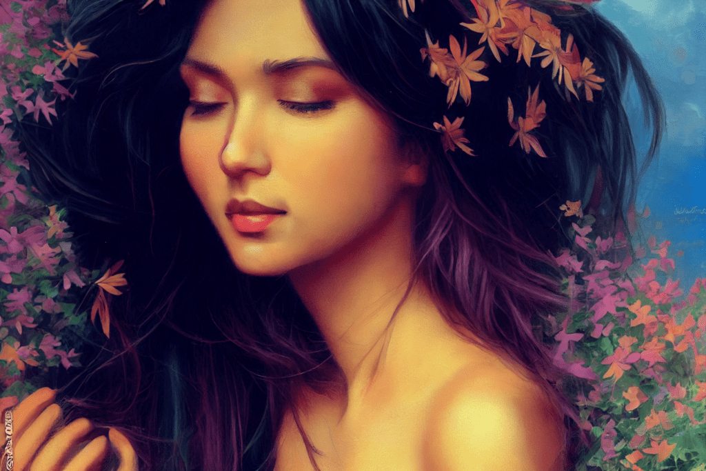 Lucky Girl Syndrome art: a woman with flowers and wind flowing through her hair