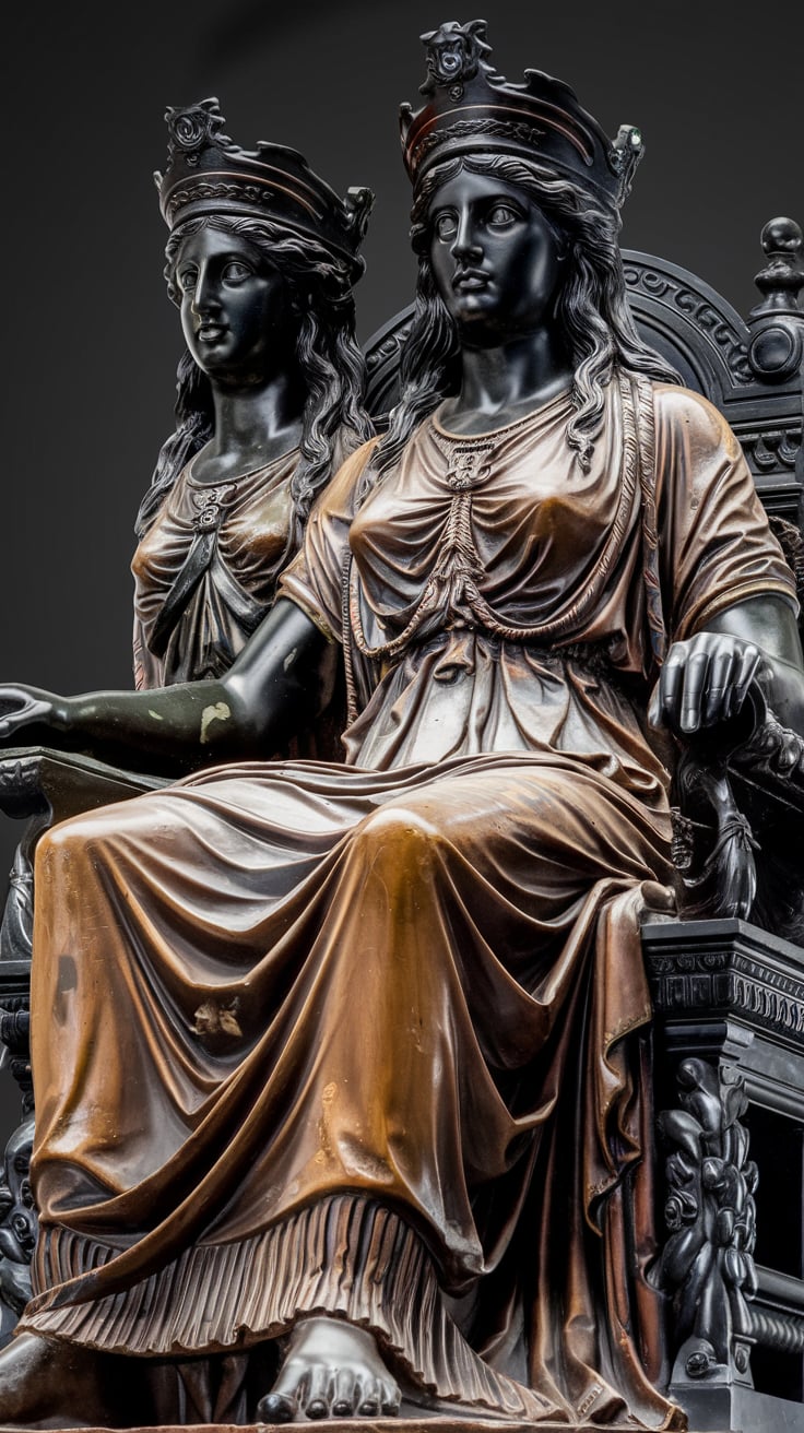 A dark bronze statue of Hekate in her triple goddess form, seated regally on an ornate throne. The figures are adorned with smooth crowns and flowing drapery, exuding strength and divinity against a stark black background.