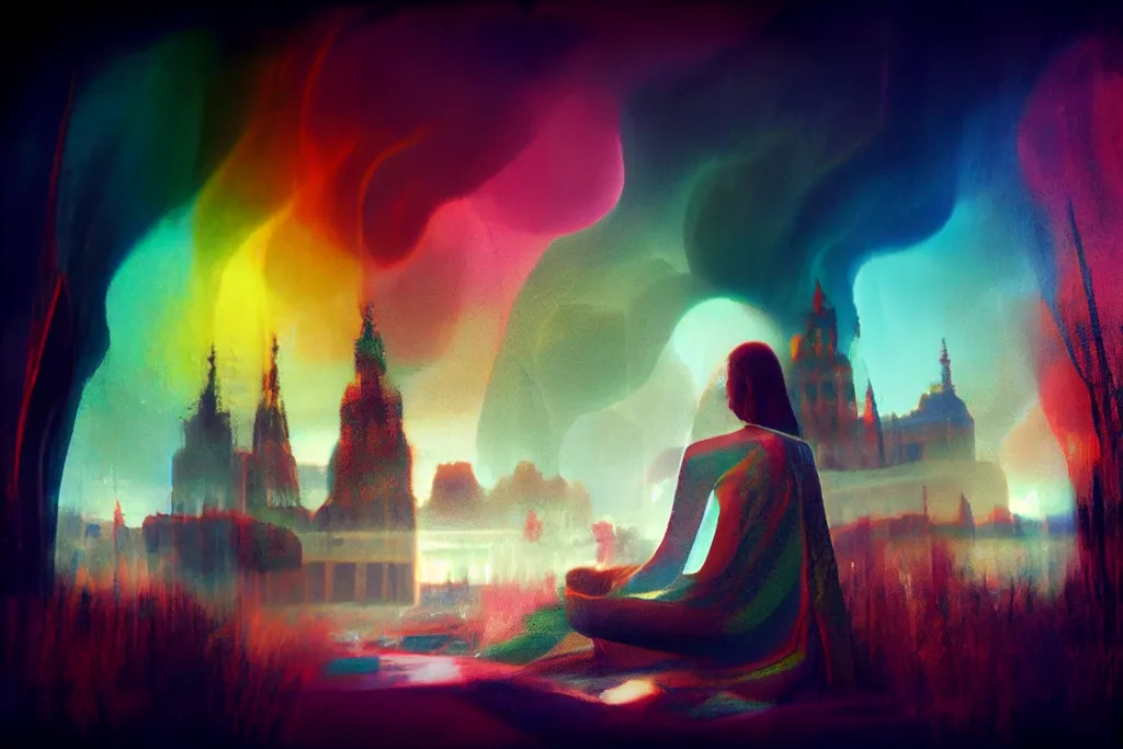 Psychedelic pagan meditation art, landscape, colorful