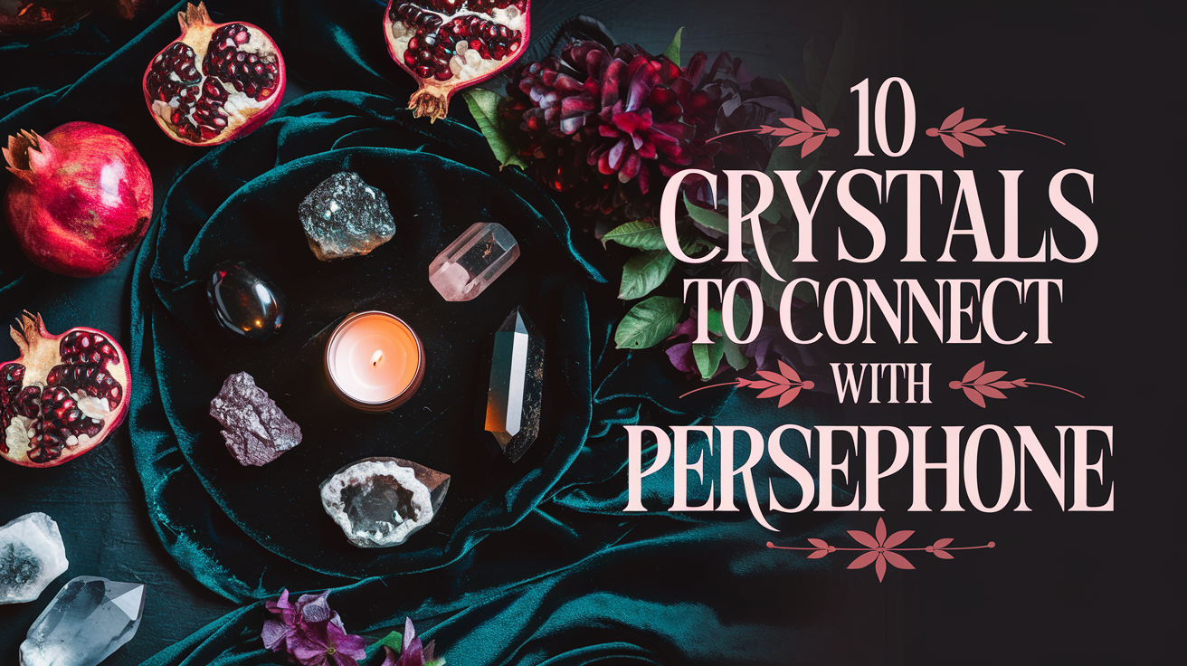 A dynamic altar arrangement featuring clear quartz, garnet, and amethyst crystals displayed on dark green velvet. Surrounding elements include glowing candles, halved pomegranates, and deep red florals, symbolizing the balance between light and dark in Persephone’s mythology. The text, “10 Crystals To Connect With Persephone,” appears in graceful serif font with pink floral accents, enhancing the spring and underworld themes.