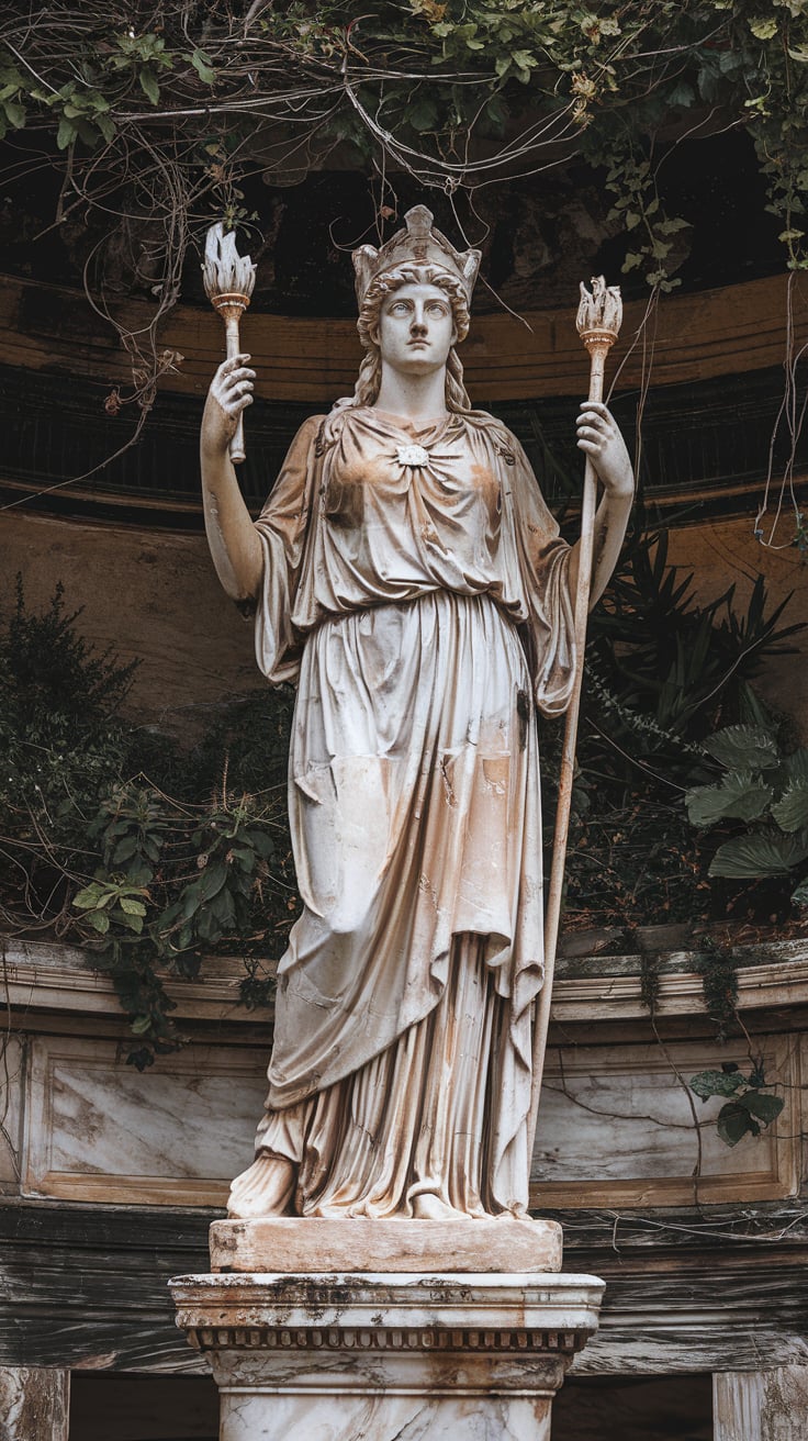 A weathered marble statue of Hekate stands surrounded by lush greenery. The goddess holds torches in both hands, and her celestial crown and flowing robes reflect a sense of ancient power and mysticism. The overgrown surroundings add a sense of timelessness to the scene.