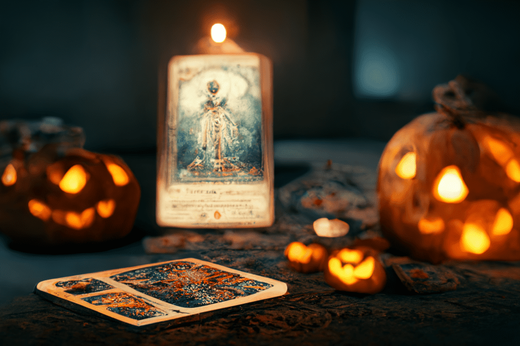 Halloween Samhain pumpkins cauldrons bonfires fire bowls tarot cards