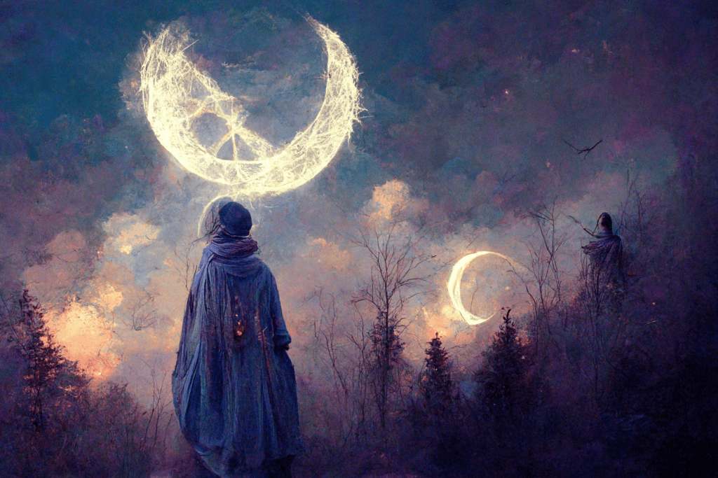Full moon witchcraft digital painting with witch, smoke, fog, night sky