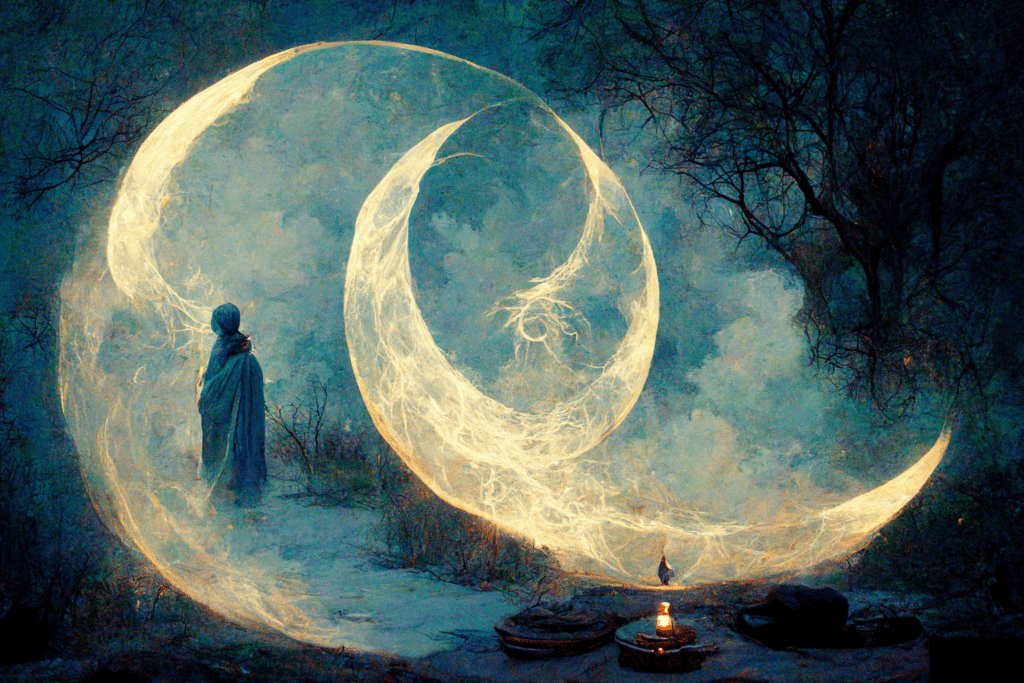 Full moon witchcraft digital painting with witch, smoke, fog, night sky