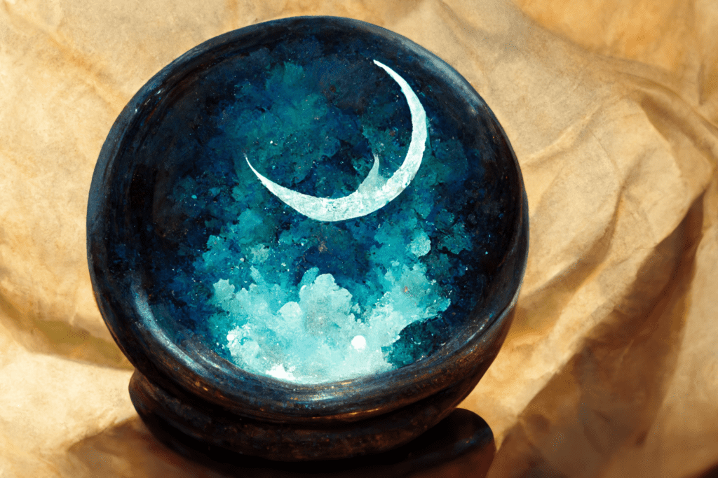 Full moon witchcraft digital painting with witch, smoke, fog, night sky, crystal ball