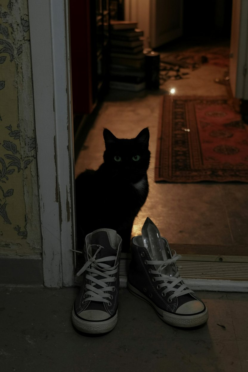 Black cat at the doorway with worn Converse sneakers grounds witch symbolism in contemporary domestic life. Thresholds mark transitions and boundaries where magic traditionally happens. The sneakers signal this isn't costume witchcraft or historical reenactment. Real witches wear regular shoes, live in apartments with vintage wallpaper, and their black cats sit by the door like any other pet that also happens to carry centuries of symbolic weight.