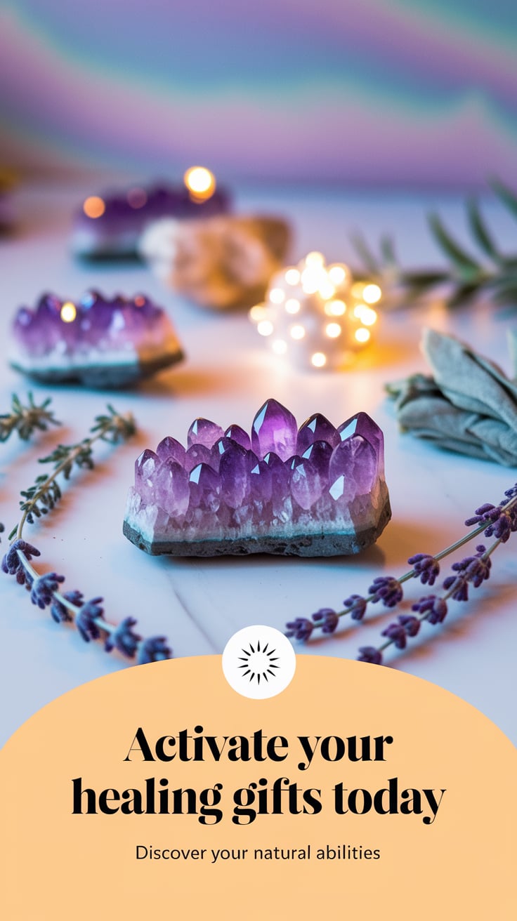 Activate Your Healing Gifts Today ‘Activate Your Healing Gifts Today’ — modern sans serif, bottom, pastel yellow, visual of healing crystals and herbs; bottom caption: ‘Discover your natural abilities’