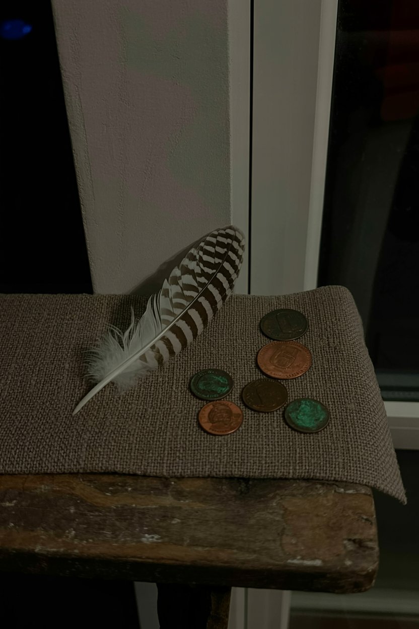 Barred owl feather beside copper pennies teaches material correspondence in witchcraft. Owl feathers signal wisdom and night vision across magical traditions. Copper connects to Venus, love, and conductive energy. Some coins show green oxidation (verdigris) from age and exposure. Witches collect these materials not for monetary value but for their symbolic and correspondence weight. A penny on your altar works the same as an expensive crystal if you understand what copper represents.