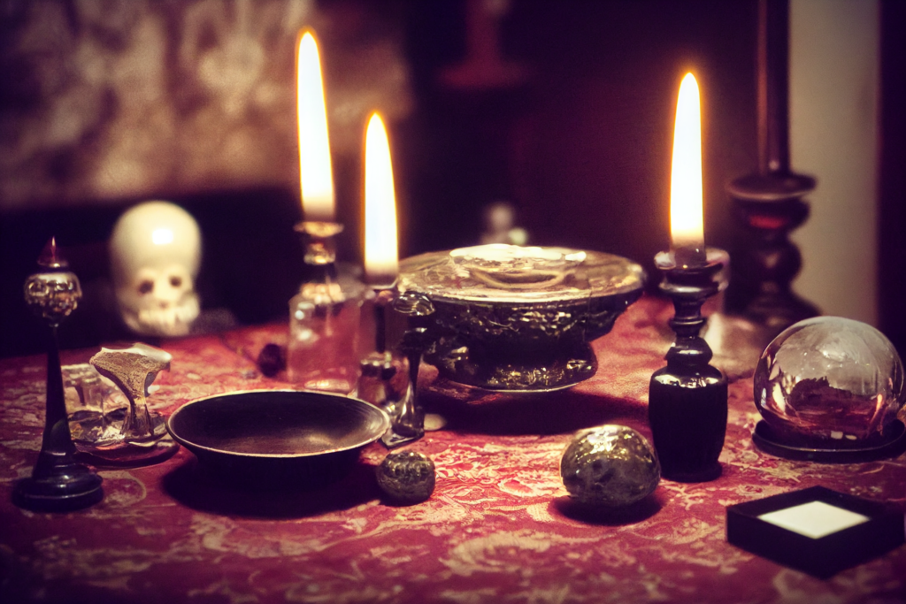 ghost sitting at a mahogany table with black candles and tarot cards and a crystal ball
