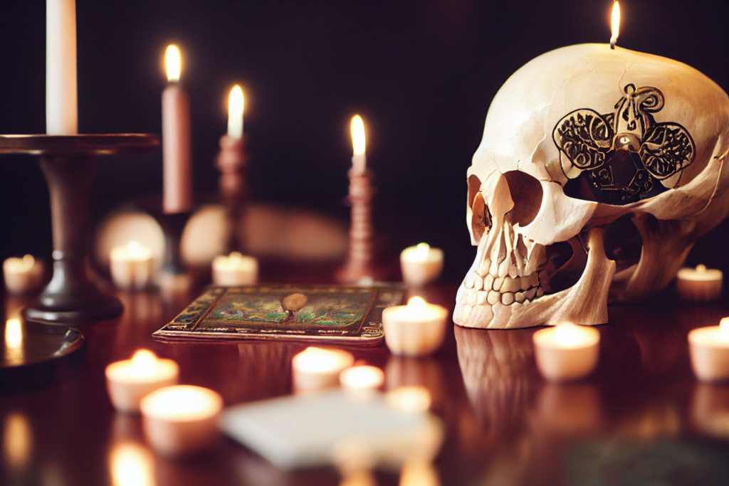 animal skull on a mahogany table with black candles and tarot cards