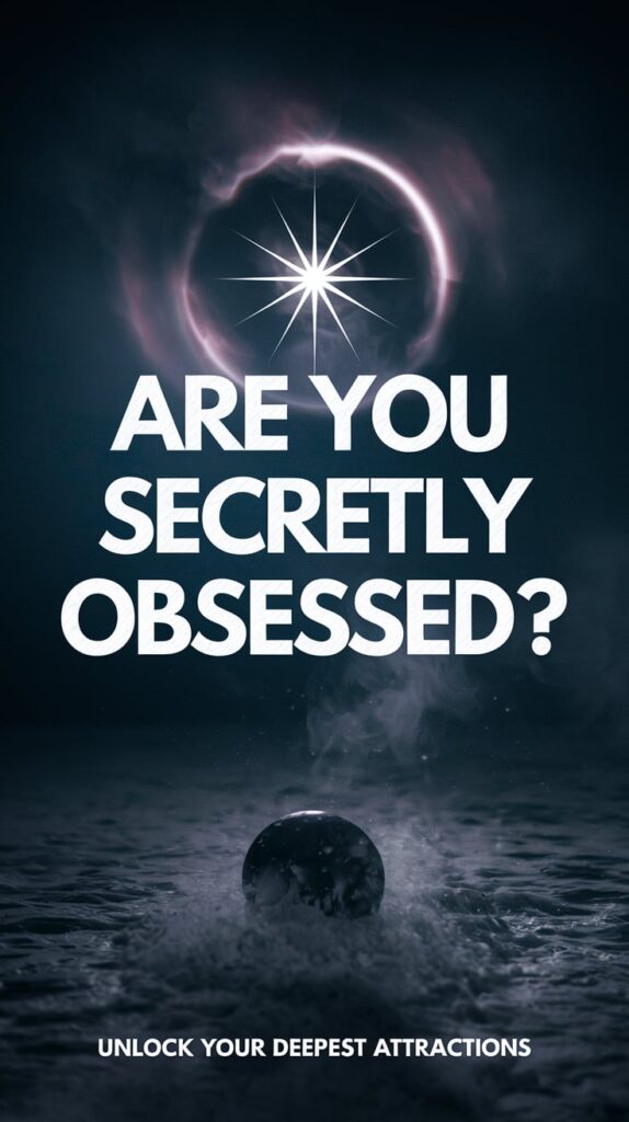 ‘Are you Secretly Obsessed?’ — dramatic font, focused on a mysterious dark background with bold star accents, intense aura around a celestial symbol; bottom caption: ‘Unlock your deepest attractions’