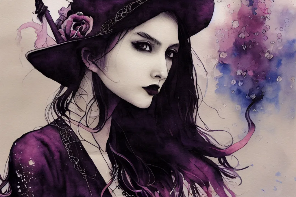 Witchy girl representing asteroid Fiala and its influence on spirituality and the occult. Asteroid Fiala was named by the Minor Planet Center. watercolor spiritual witch female wizard mystical beautiful woman, magical woman, gritty black and white with a romantic pop of "deep purple"