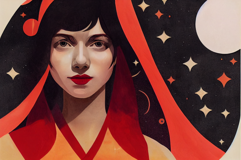 Hestia in space. happy peaceful astrology girl in space, the high priestess tarot, magical woman, female wizard, gritty black and white with a pop of "fire orange and red"