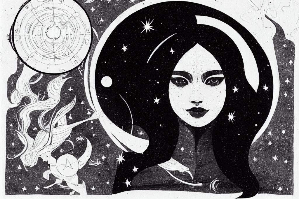 Hestia in space. happy peaceful astrology girl in space, the high priestess tarot, magical woman, female wizard, gritty black and white with a pop of "fire orange and red"