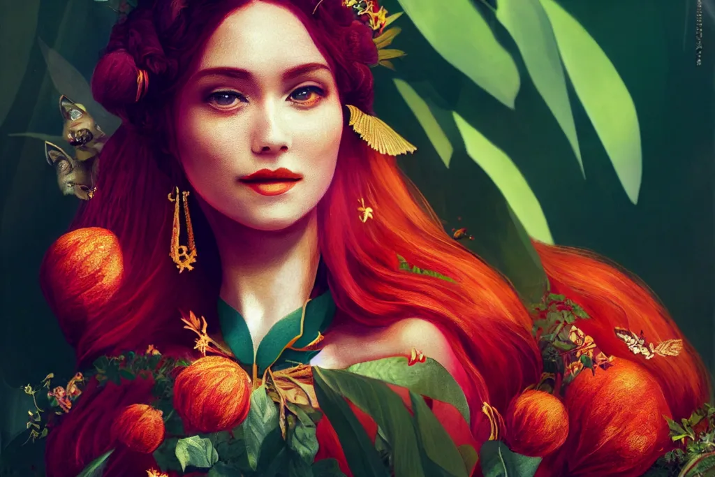 Bash your creative block with the empress tarot card. Midjourney prompt: regal empress, beautiful woman on a throne full body from afar, red hair, green eyes, peaceful smile, pregnant, surrounded by fertility, cornucopia, greenery, lush plants, house plants, cats, pomegranates, beautiful chromatic colors