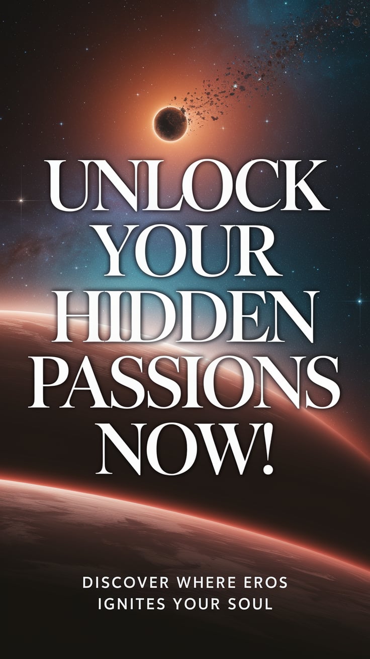 Discover where Eros ignites your soul ‘Unlock Your Hidden Passions Now’ — bold serif font, centered, deep red and gold tones, celestial background with a glowing asteroid illustration; bottom caption: ‘Discover where Eros ignites your soul’