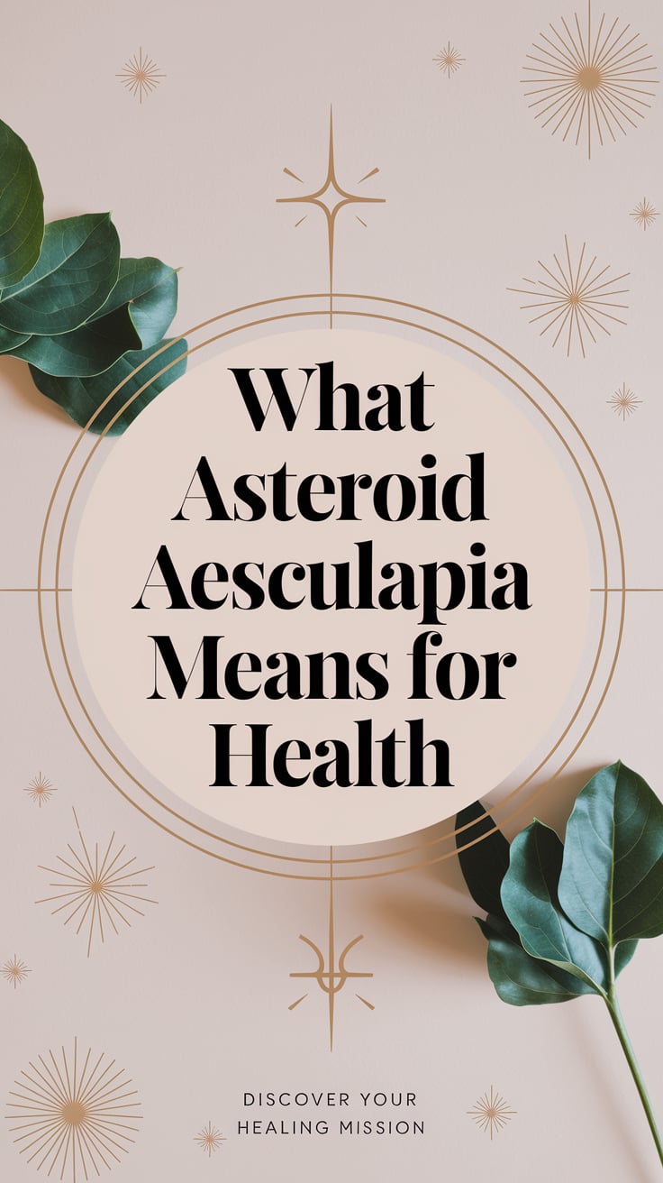Discover your healing mission ‘What Asteroid Aesculapia Means for Health’ — clear sans serif, center, light blush background, subtle astrology symbols; bottom caption: ‘Discover your healing mission’