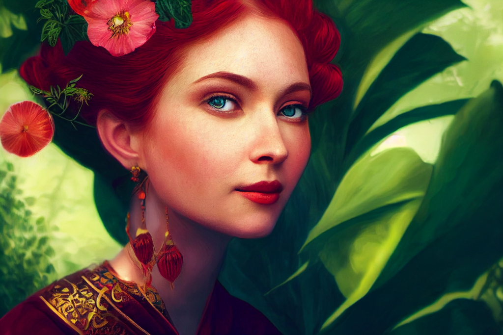 Empress tarot card meanings.Midjourney prompt: regal empress, beautiful woman on a throne full body from afar, red hair, green eyes, peaceful smile, pregnant, surrounded by fertility, cornucopia, greenery, lush plants, house plants, cats, pomegranates, beautiful chromatic colors