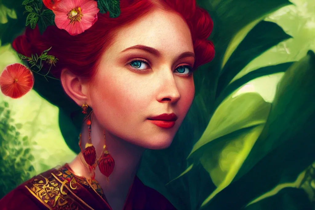 Empress tarot card meanings.Midjourney prompt: regal empress, beautiful woman on a throne full body from afar, red hair, green eyes, peaceful smile, pregnant, surrounded by fertility, cornucopia, greenery, lush plants, house plants, cats, pomegranates, beautiful chromatic colors