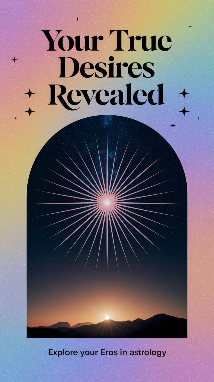 Explore your Eros in astrology ‘Your True Desires Revealed’ — modern sans serif, large upper third, starry night pastel palette, focus on a radiant asteroid symbol; bottom caption: ‘Explore your Eros in astrology’