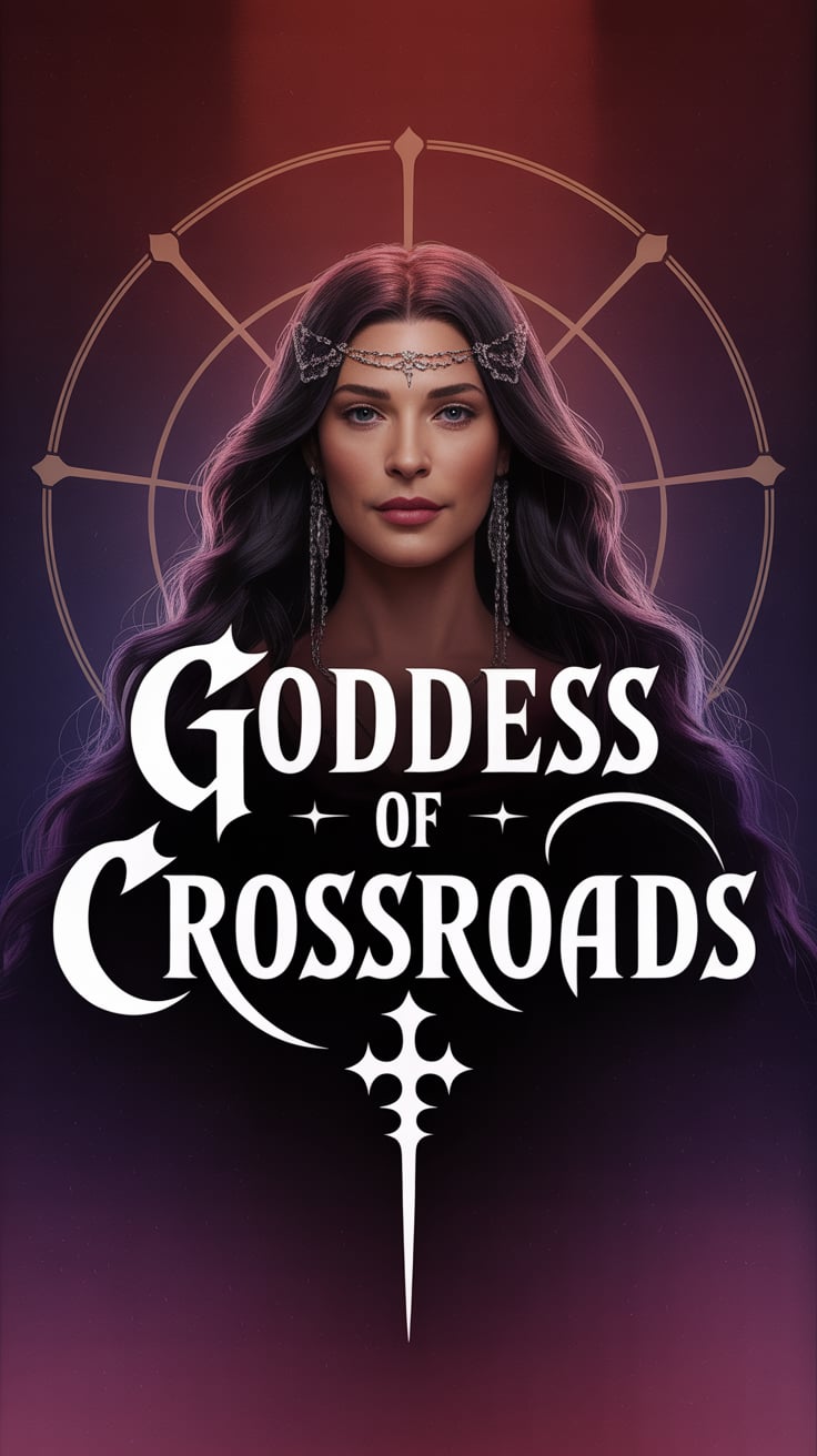 The phrase "GODDESS OF CROSSROADS" appears in elegant gothic lettering across the center of the photo. Behind it, a rich burgundy to deep purple gradient with subtle geometric key patterns creates a powerful, feminine atmosphere. The gold text stands out clearly, making it instantly readable at a glance.