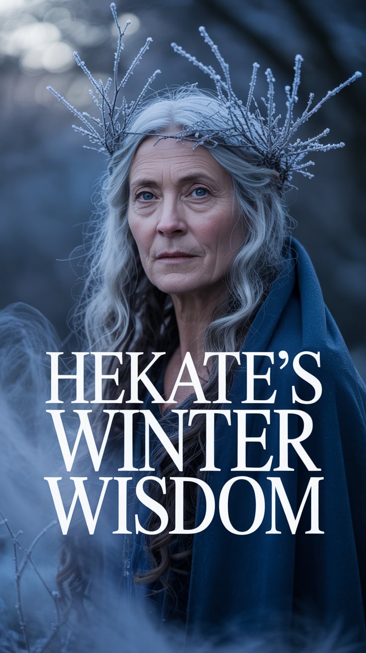 The phrase "HEKATE'S WINTER WISDOM" appears in bold serif lettering across the center of the photo. Behind it, a deep midnight blue to charcoal gradient with subtle frost crystal patterns creates a mystical, ancient atmosphere. The silver text stands out clearly, making it instantly readable at a glance.