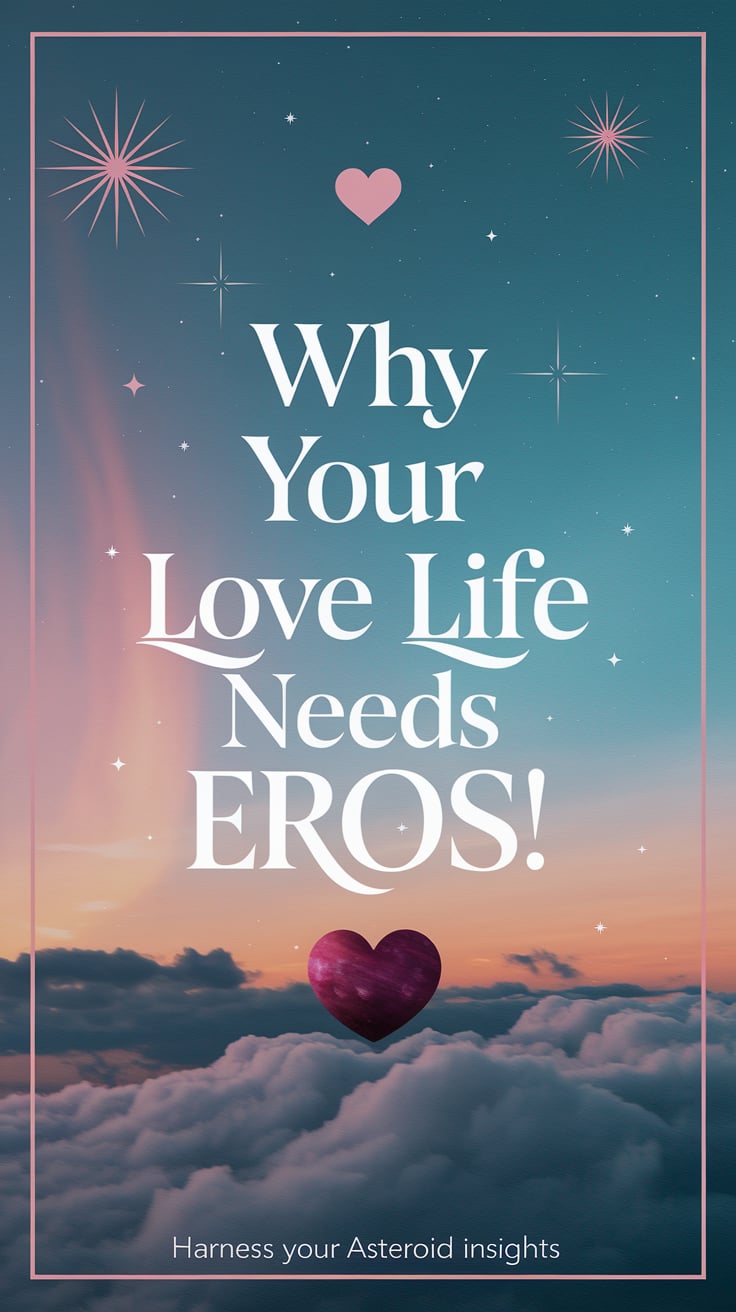 Harness your asteroid insights ‘Why Your Love Life Needs Eros’ — clean serif, mid-screen, soft blushes and cosmic blues, subtle heart and star icons; bottom caption: ‘Harness your asteroid insights’