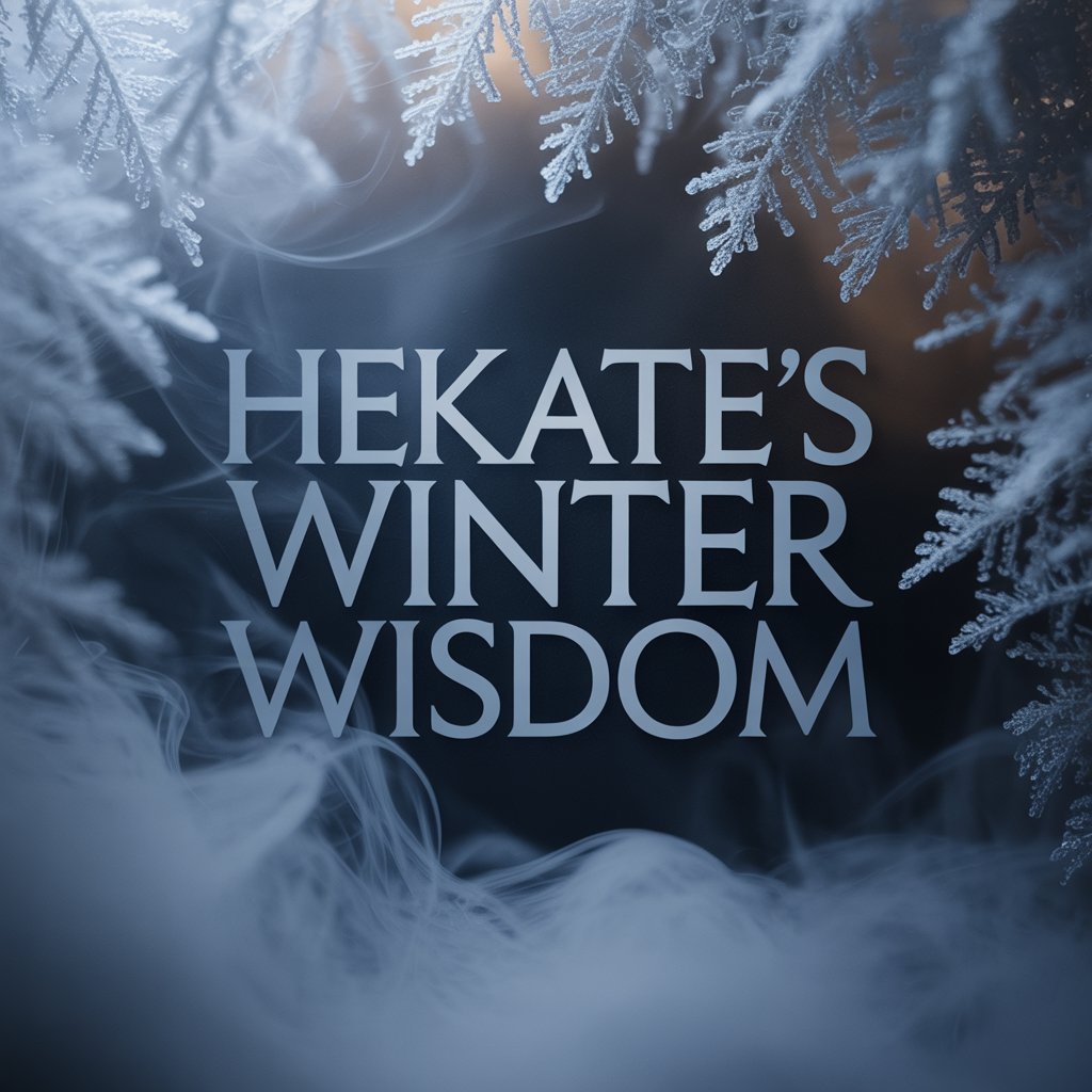 The phrase "HEKATE'S WINTER WISDOM" appears in bold serif lettering across the center of the photo. Behind it, a deep midnight blue to charcoal gradient with subtle frost crystal patterns creates a mystical, ancient atmosphere. The silver text stands out clearly, making it instantly readable at a glance.