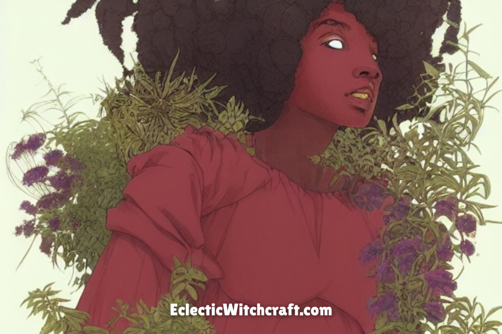 Black woman with natural hair in a botanical forest scene, overgrown forest, cartoon illustration, holding herbs in her hand, purple flowers, green leaves, glowing eyes, red dress